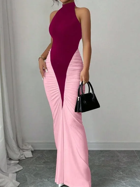 Elegant Multicolor Women's Color Block Fishtail Hem Dress - Picture 5 of 6